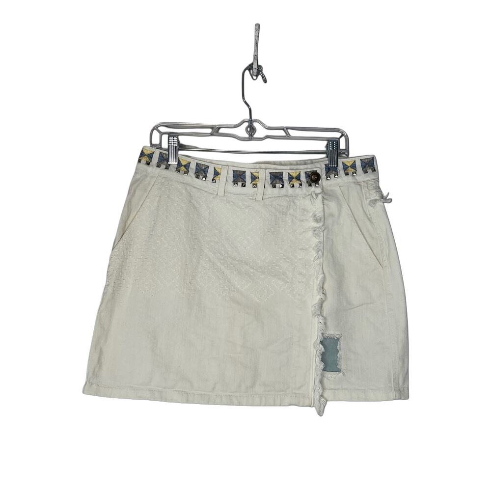 Desigual White Geometric Embroidered Wrap Mini Denim Jean Skirt With‎ Fringe M
